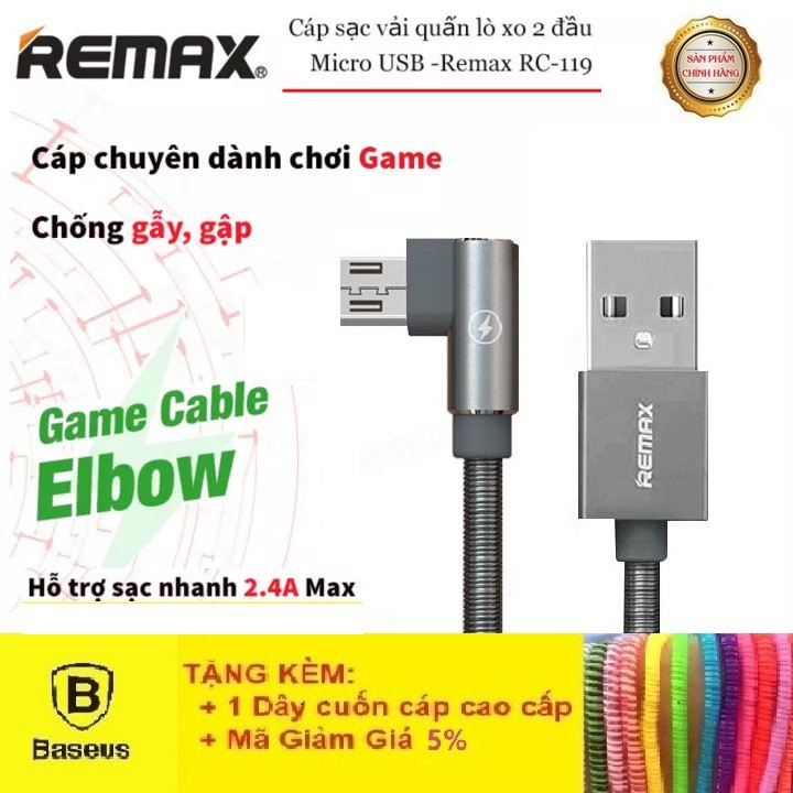 Dây Sạc Android💖Cao Cấp💖Cáp Sạc Remax RC-119m/119a Sạc Nhanh Chữ L Vải Quấn Lò Xo 2 Đầu Tiện Lợi - Bảo Hành 12T