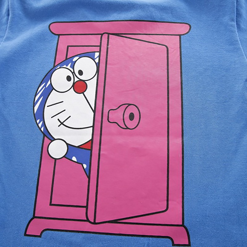 Set áo thun ngắn tay cổ tròn in hình doraemon và quần short denim xinh xắn cho bé