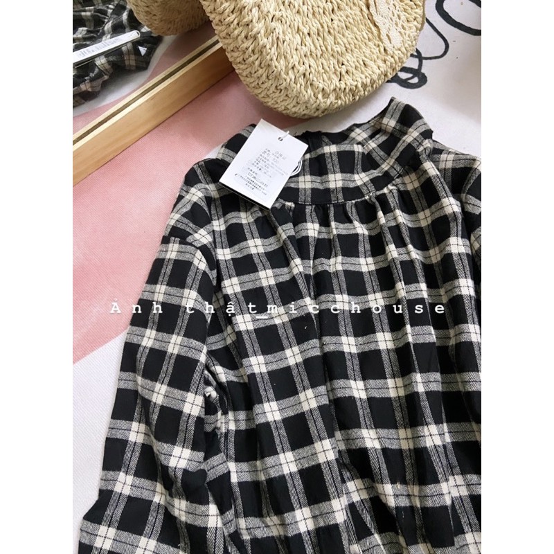 Order | Đầm caro dài tay dáng dài xếp ly