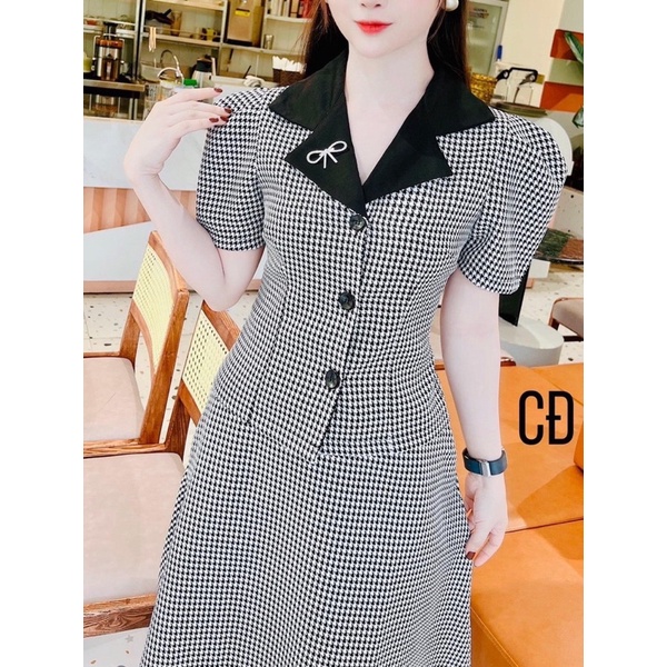 Sét váy thời trang công sở nữ mặc đi sang trọng chất bố dạ caro phối cổ đen vest tay ngắn mix chân váy xoè dài