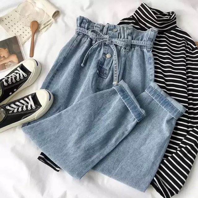 (Order) có bigsize Quần jeans dài cạp chun phối dây buộc nơ