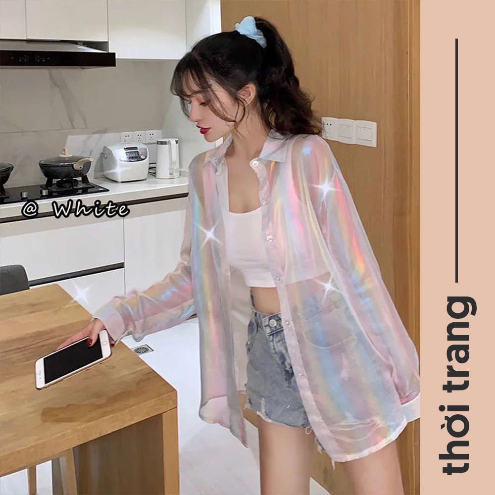 Áo Sơ Mi Khoác Ngoài Cardigan Mỏng Dài Tay Họa Tiết Màu Cầu Vồng Lấp Lánh A00032 | BigBuy360 - bigbuy360.vn