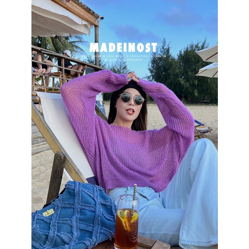 Cocory vn Áo sweater dệt kim tay dài trễ vai trong suốt 5 màu dễ thương dành cho nữ