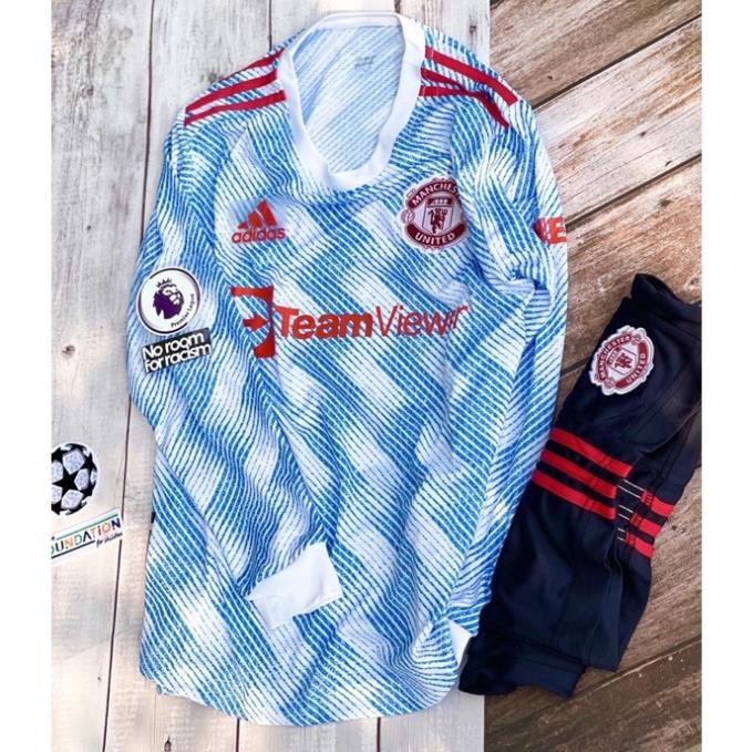 8.8 Set bộ quần áo bóng đá dài tay clb manchester united Mu sân khách màu xanh trắng 2021 2022