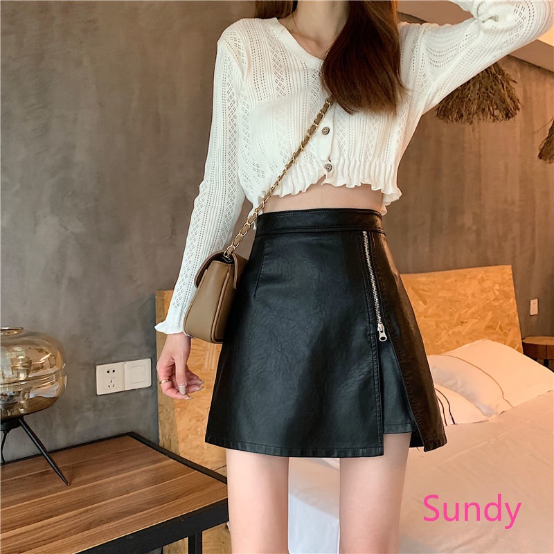 Chân Váy Chữ A Da PU Lưng Cao Phối Khóa Kéo Phong Cách Hàn Quốc Thời Trang Mùa Xuân Cho Nữ