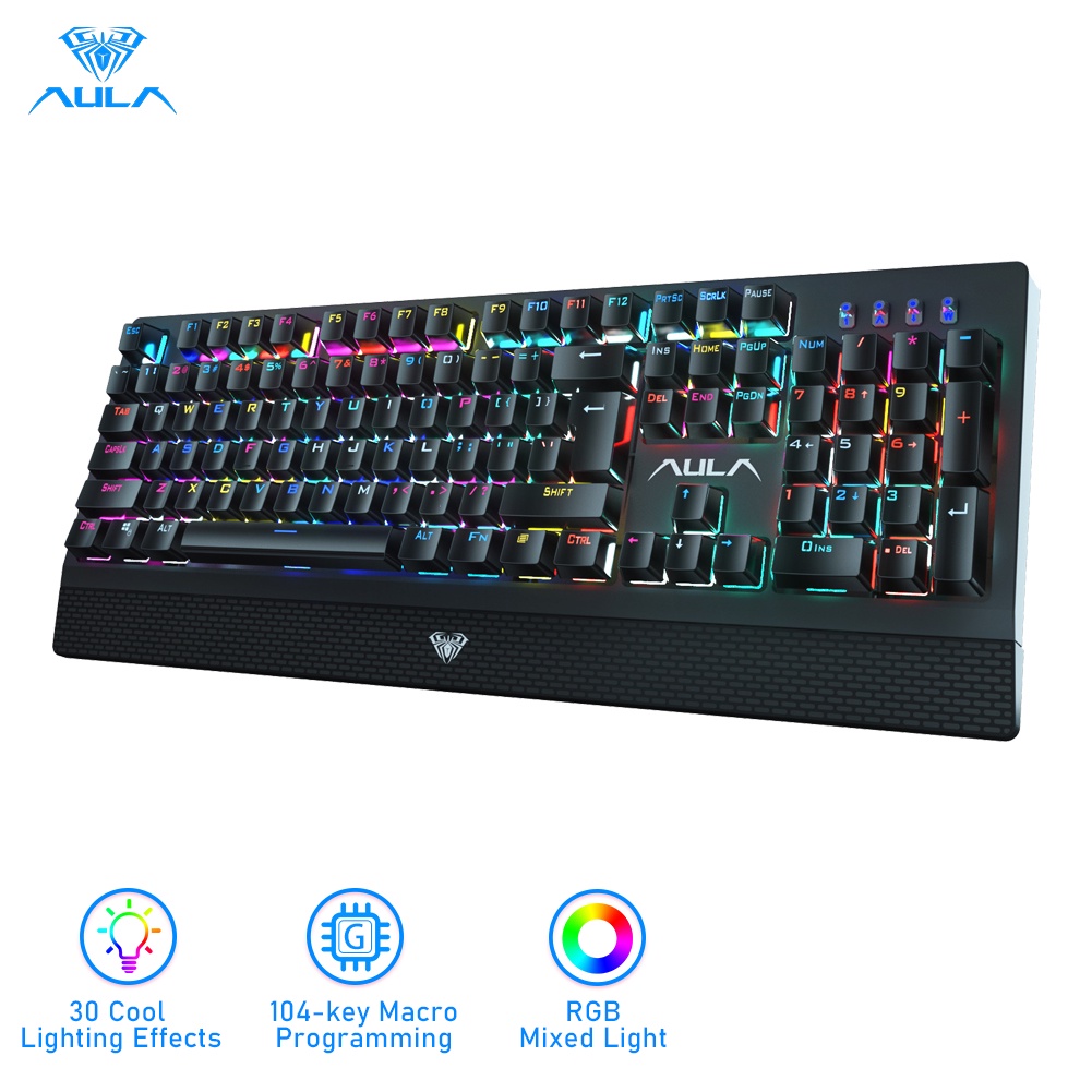 Bàn phím cơ AULA S2018 FULL RGB 104 phím chống nóng 30 loại có hiệu ứng đèn kèm đệm cổ tay tiện dụng