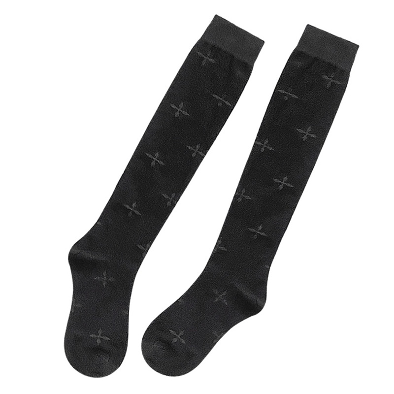 XIXI Tất Đen Dài Qua Gối Họa Tiết Đan Chéo Phong Cách Lolita Goth Cho Nữ