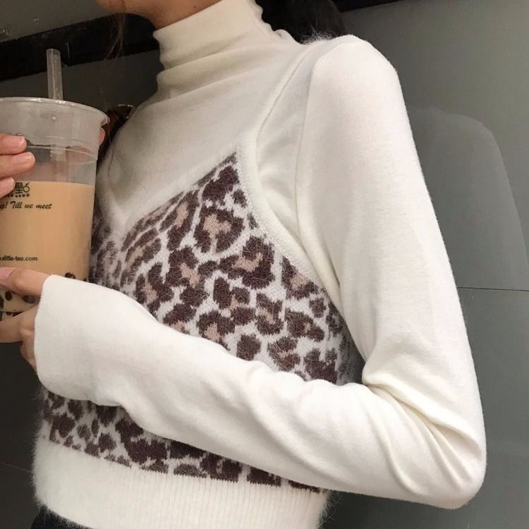 Áo len không tay bằng vải nhung họa tiết da báo thời trang sành điệu cho nữ