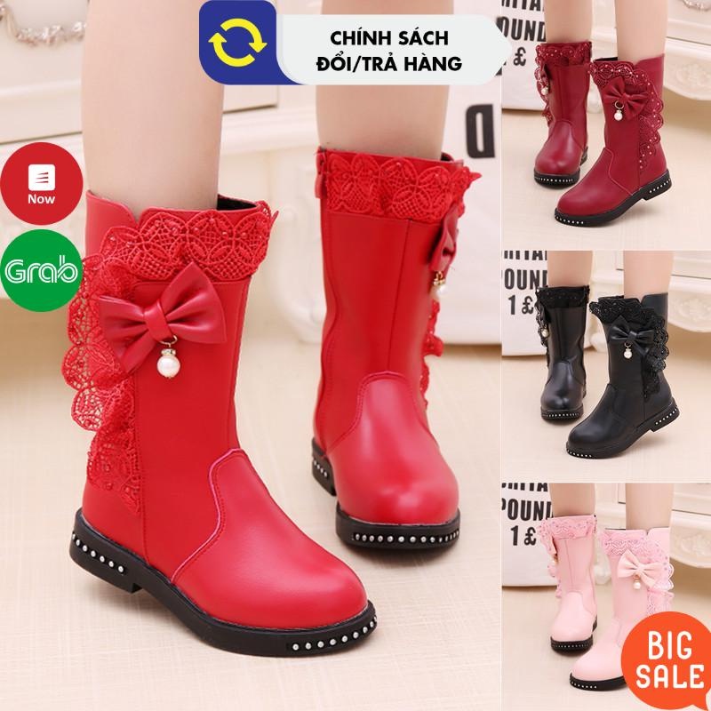 Giày bốt bé gái cao đầu gối da mềm gắn ren nơ size 27-37 màu Đen Đỏ Hồng cho bé từ 3-18 tuổi Boots dài thời trang