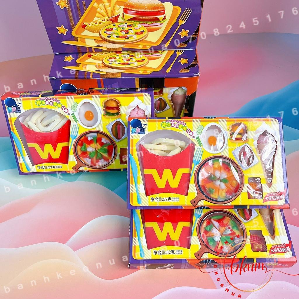 Sỉ- Lốc 8 set kẹo dẻo fastfood/ thức ăn nhanh bữa tiệc linh đình Hongkong vỉ 52gam