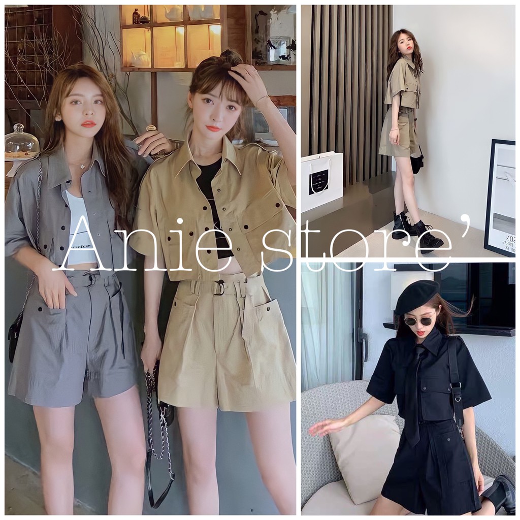 Bộ Áo Quần Kaki Sơ Mi Quần Short 🦋FREESHIP🦋 Set Áo Túi Hộp Quần Đùi Kèm Đai 3 Màu