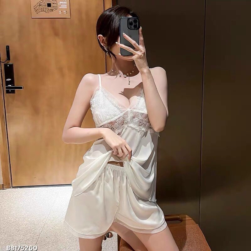 Bộ ngủ LỤA 2 dây viền ren KELLY WANG  sẵn sll