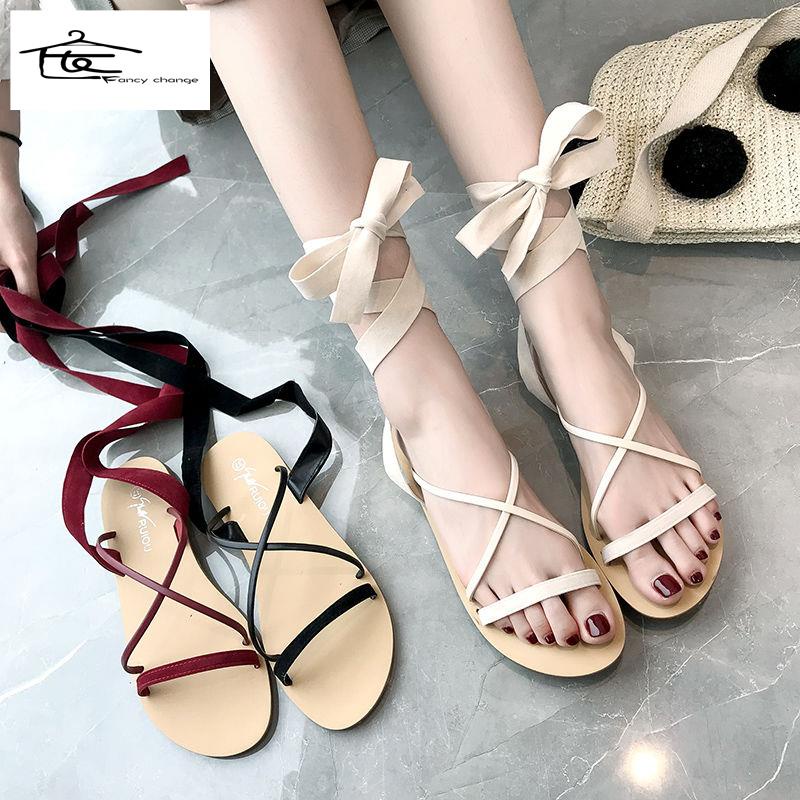 Giảm Giá Hot ~ Giày Sandal Thắt Dây Đế Bằng Phong Cách Roman Thời Trang Đi Biển Mùa Hè Dành Cho Nữ