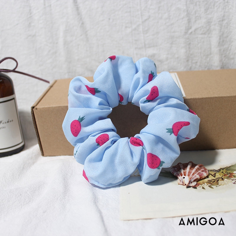 ✨✨Dây buộc tóc vải satin in hình dâu tây thời trang cho nữ