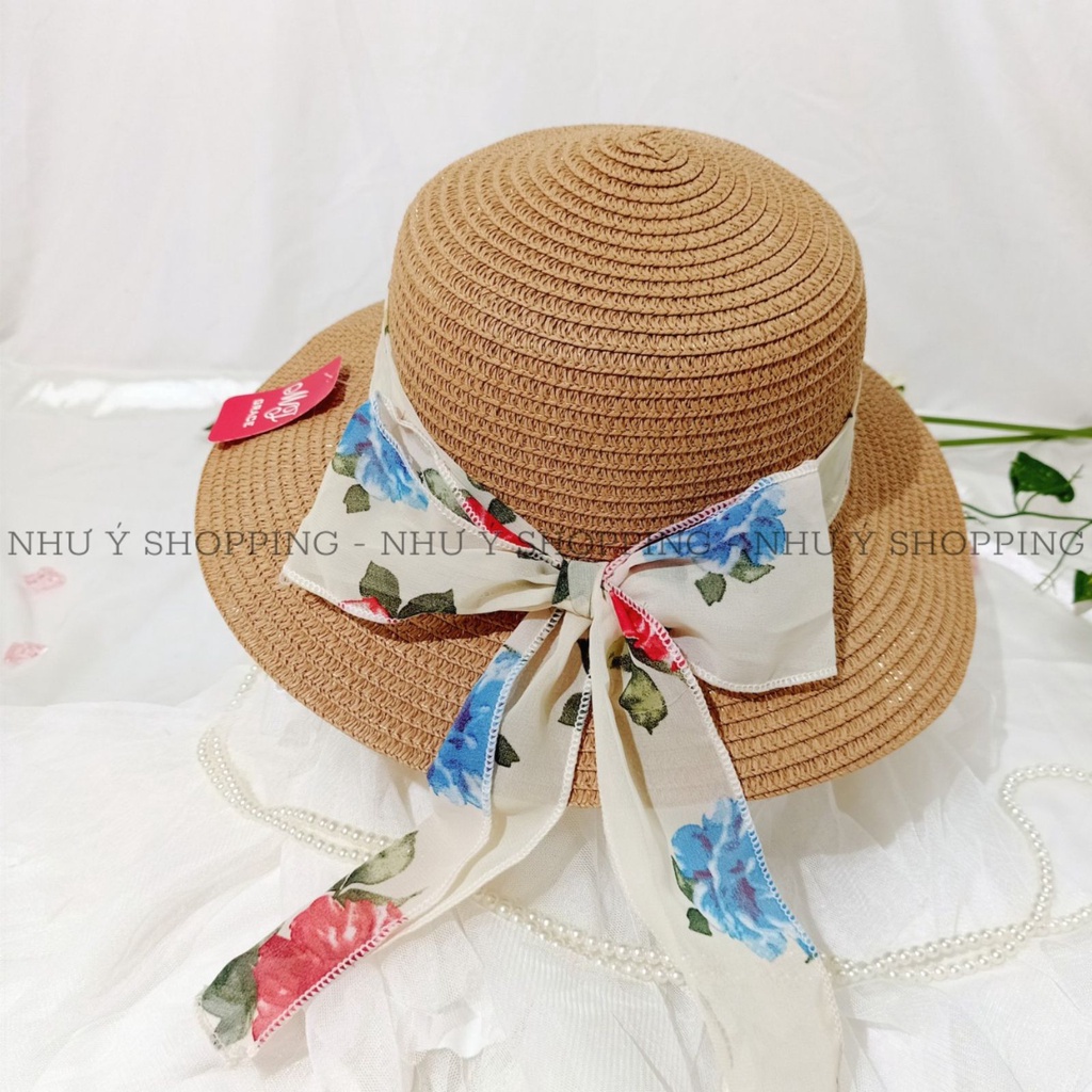 Nón cói,mũ cói nữ đi biển vành nhỏ phối nơ vải nhiều màu phong cách vintage-q12 vành nhỏ nơ NM