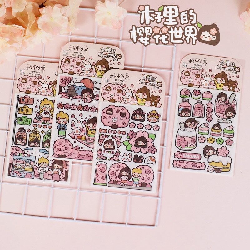 Set 4 Tấm Sticker Dạng Washi Tự Cắt Hình Cô Gái Và Gấu Dễ Thương Trang Trí Bullet Journal