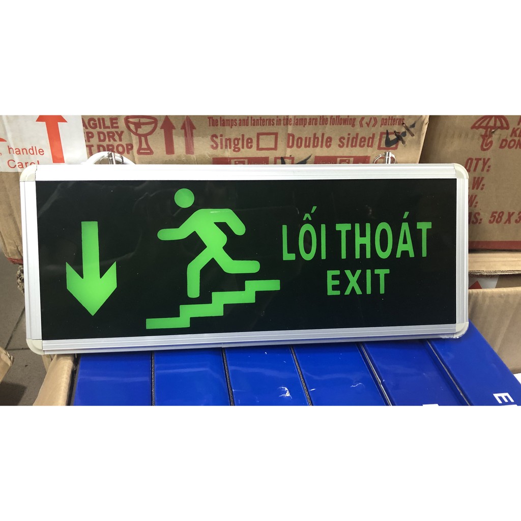 Đèn EXIT xuống cầu thang trái có chữ lối thoát 1 mặt 2 mặt