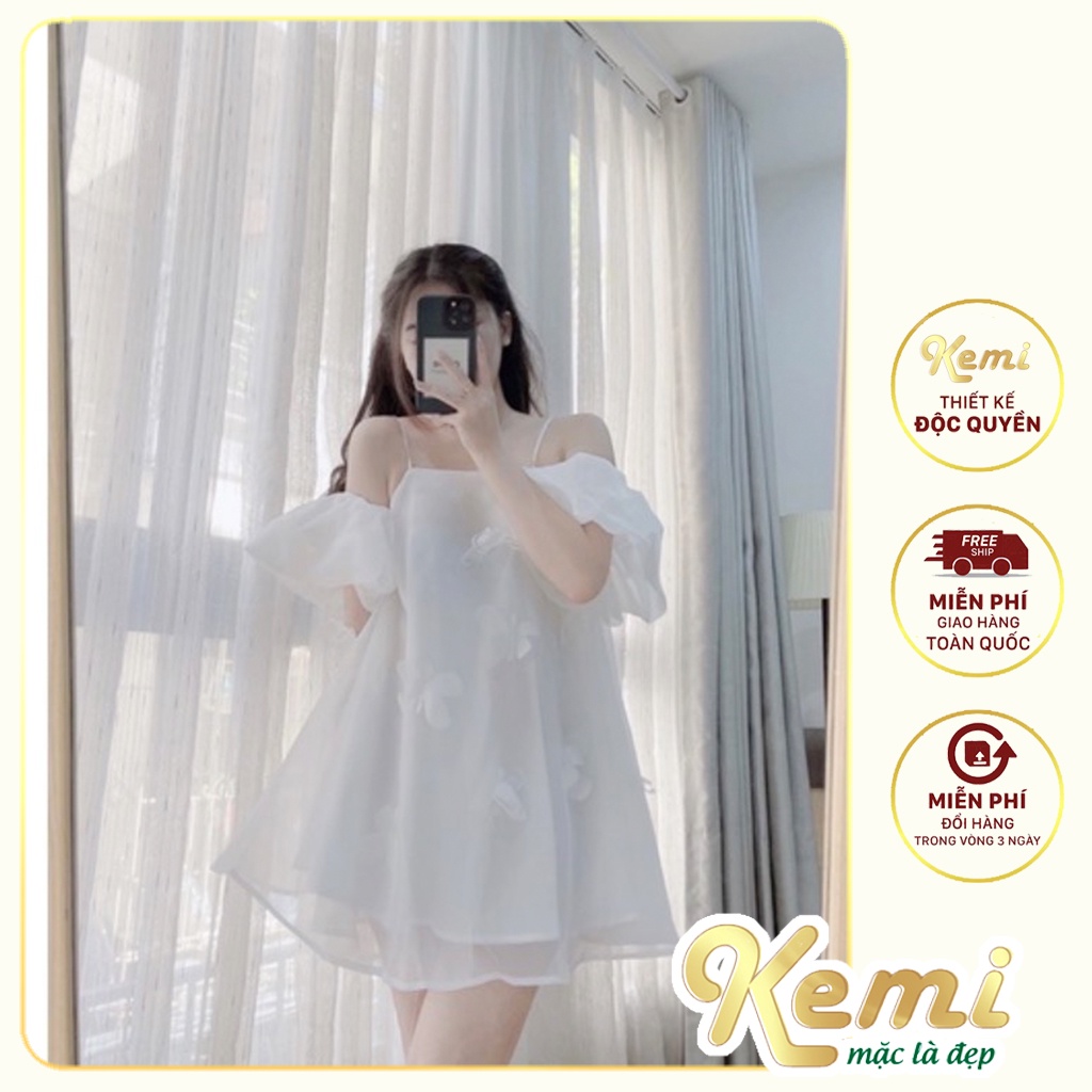 Váy 2 dây tơ hồng đính hoa tay phồng rớt vai Kemi dáng tiểu thư sẵn 3 màu mới