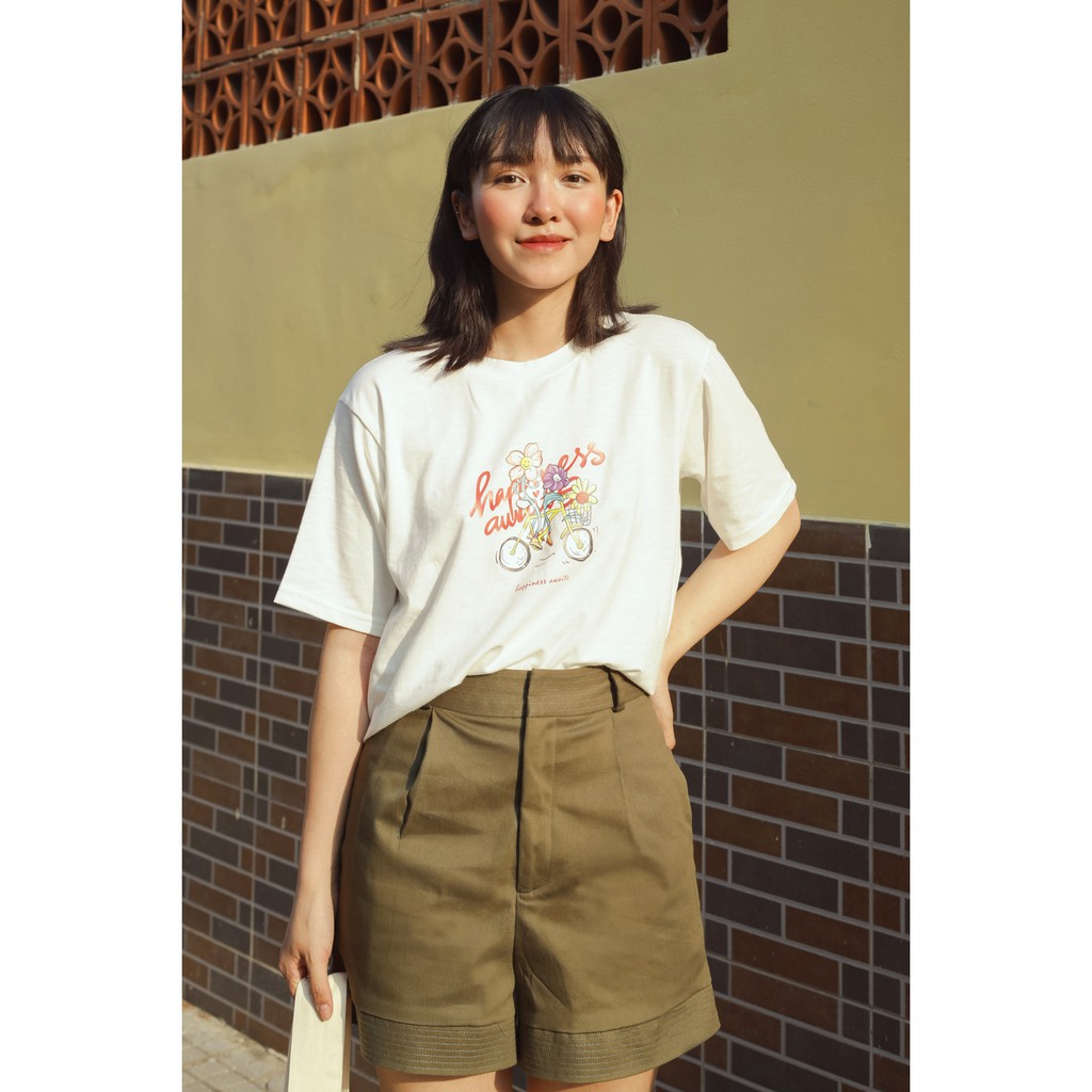 Quần short nữ dáng suông thời trang GAGO high waist plain short màu xanh rêu GO3222