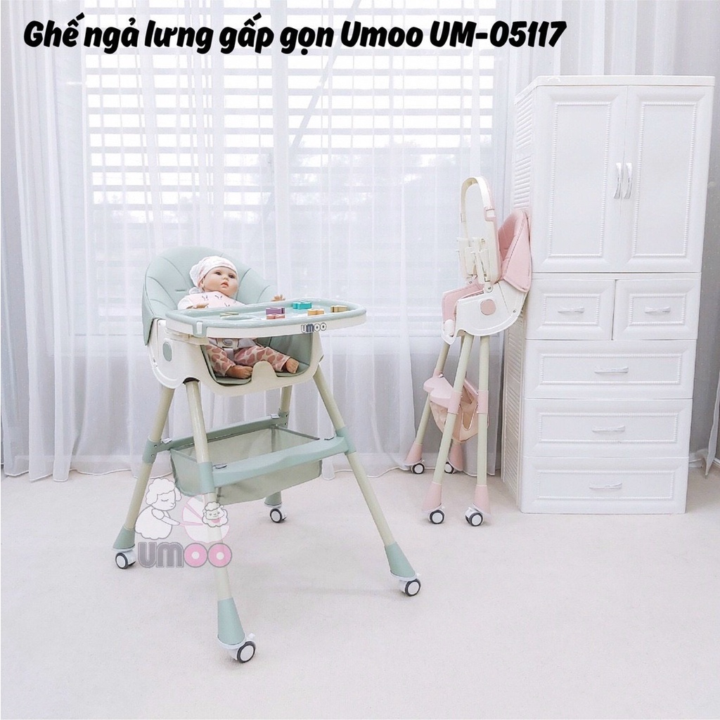 Ghế ăn dặm cho bé ngả lưng, gấp gọn có bánh xe UMOO UM 05145 mới nhất 2023 bất chấp mọi tư thế ăn của siêu quậy nhí