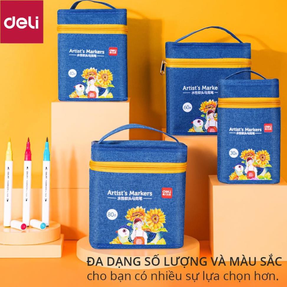 Bút màu marker 2 đầu túi vải Deli - mực có thể rửa được - có đầu brush và vát - 30 màu/40màu/60màu/80màu -70808 [Deli]