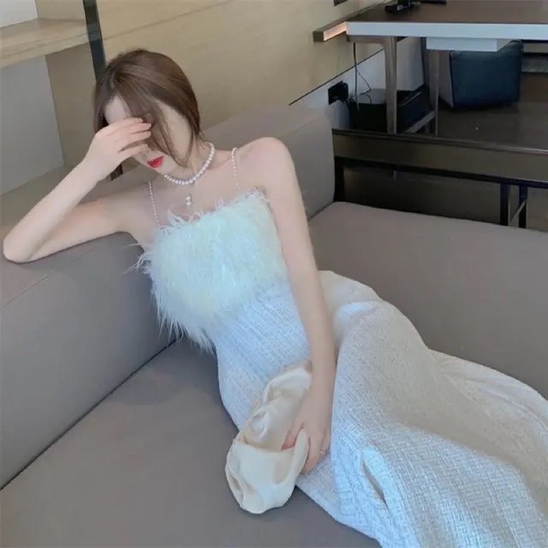 Đầm dự tiệc màu trắng, váy hai dây màu trắng sang chảnh tiểu thư chất dạ tweed dáng dài xoè A bánh bèo công chúa loại 1