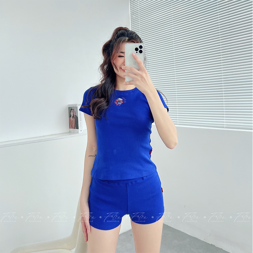 Folie Homewear - Set đồ bộ mặc nhà thun gân cotton áo tay ngắn quần đùi hoặc quần dài lụa họa tiết cún màu deep blue