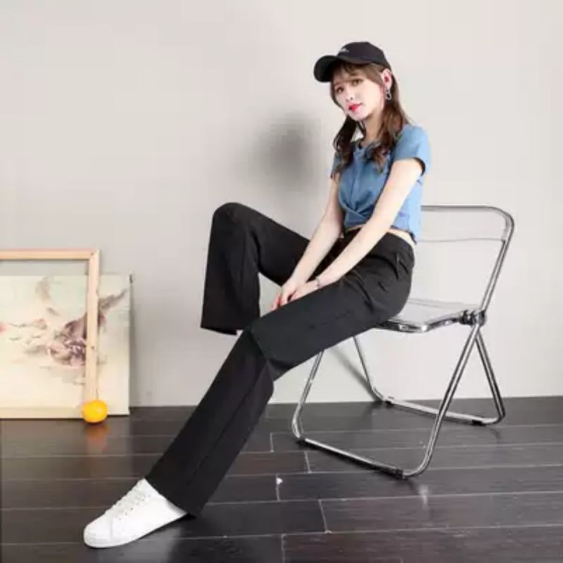 Quần tây ống rộng nữ dài 100cm đi học công sở - Cạp lưng cao ngang rốn - Màu Đen Tím - Dáng ống suông rộng - Vải dày dặn