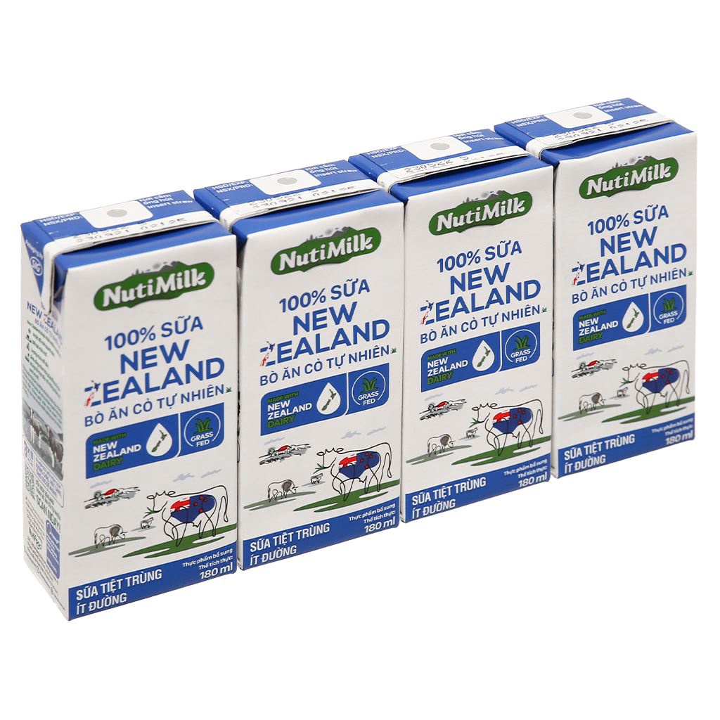 Lốc 4 hộp Nutimilk 100% Sữa New Zealand Nuti Bò ăn cỏ tự nhiên Không đường 180ml/hộp