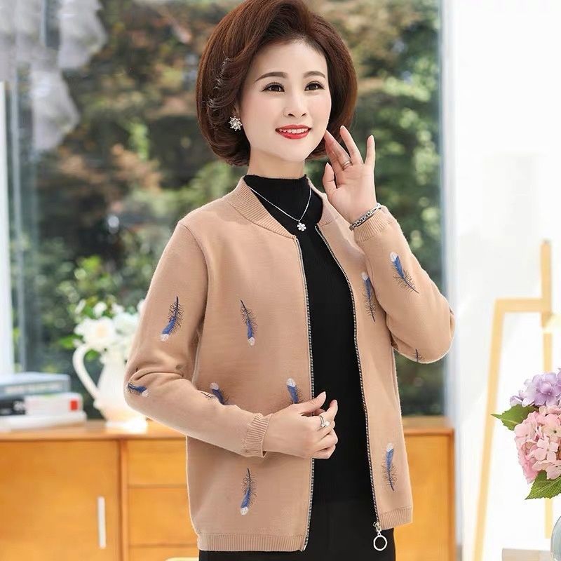 Áo khoác nhung dành cho phụ nữ trung niên, áo len đan mùa thu của mẹ, áo len đan len dày cho người trung niên và người g