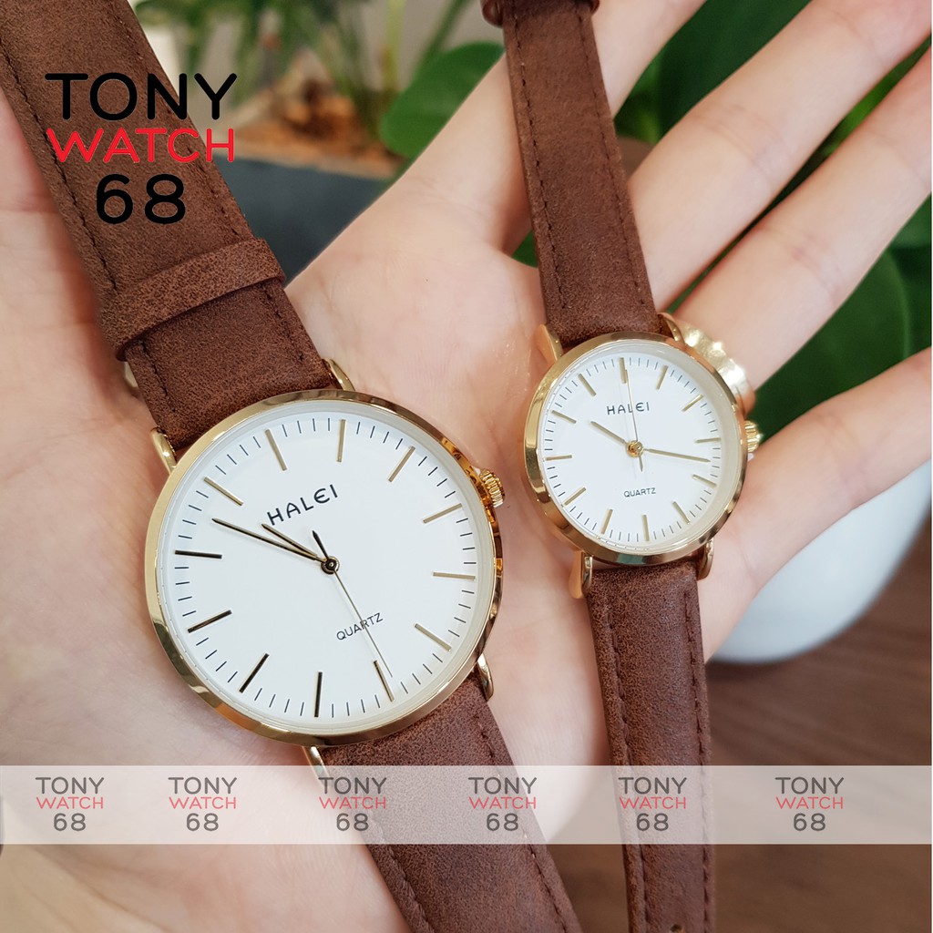 Đồng hồ cặp đôi nam nữ Halei dây da chính hãng kim xanh viền mạ vàng chống nước | BigBuy360 - bigbuy360.vn