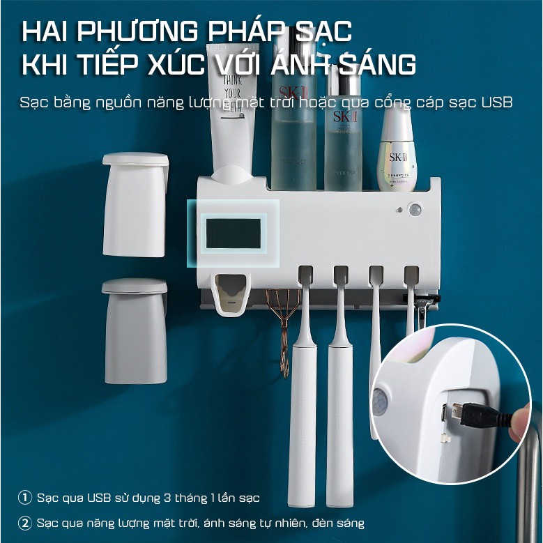 Kệ Đựng Bàn Chải Thông Minh Tự Động Lấy Kem Đánh Răng Kèm 2 Cốc Nam Châm Cao Cấp (Loại Có UV Diệt Khuẩn)