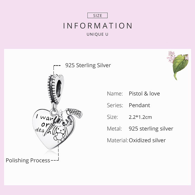 Mặt vòng tay/dây chuyền BAMOER Scc1993 bằng bạc 925 hình trái tim và súng lục lỗ 4.5mm thích hợp cho DIY