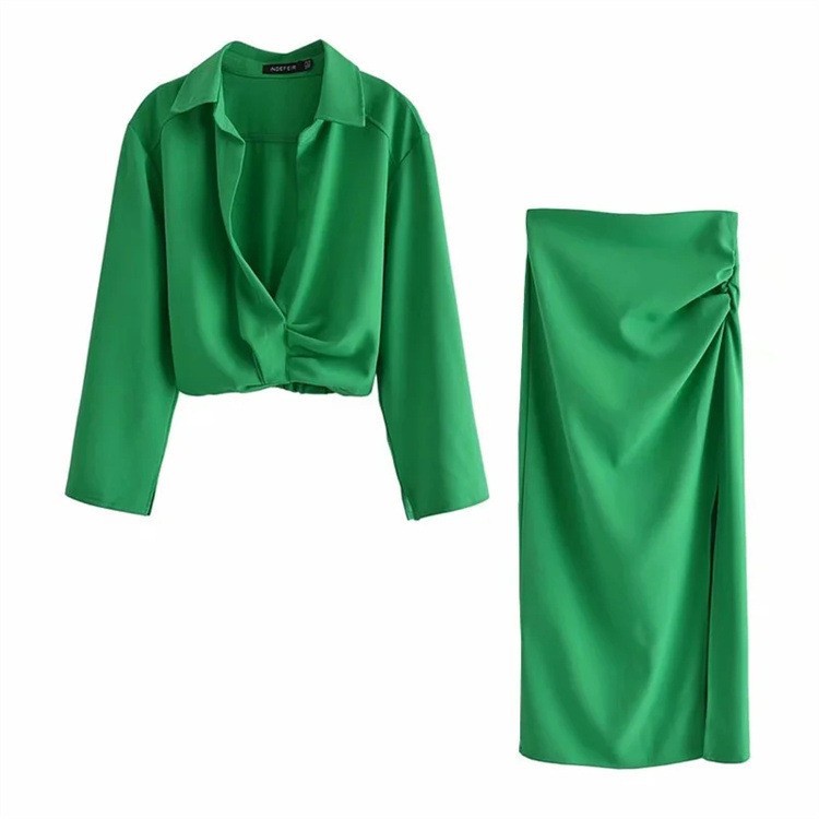 Áo cánh zara ngoại thương 2022 âu mỹ mùa hè phong cách mới ve áo dài tay áo ngắn + váy xếp ly eo cao phụ nữ8006878