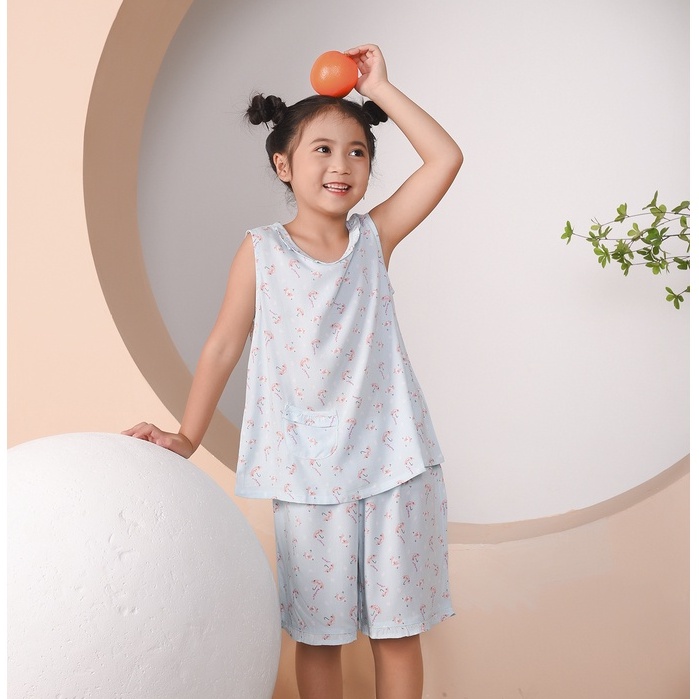 Bộ đồ lanh Việt Thắng, quần đùi áo sát nách họa tiết bé gái - B62.2209