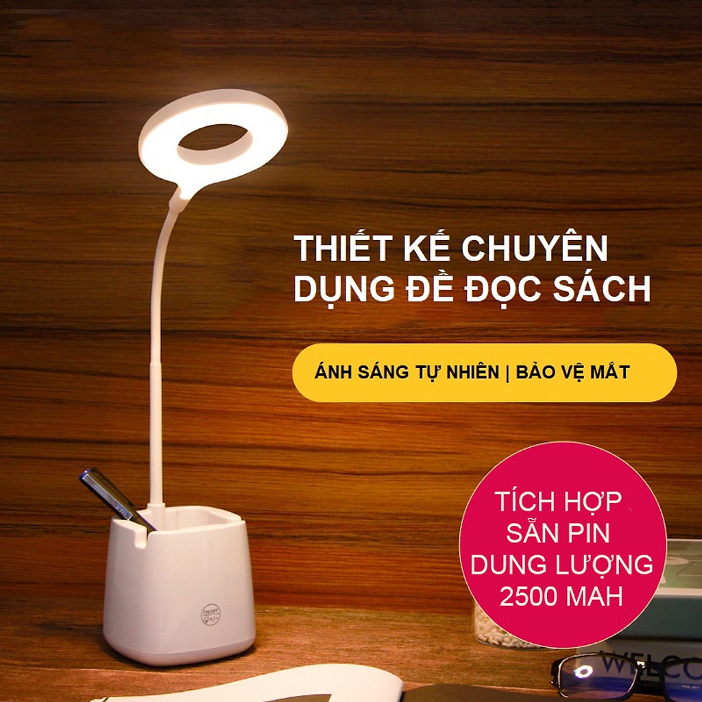 Đèn Bàn Đọc Sách, Đèn Bàn Làm Việc, Đèn Ngủ Cao Cấp LED Chống Cận 03 Mức Độ Sáng, Cảm Ứng Tích Điện Pin 2500mAh