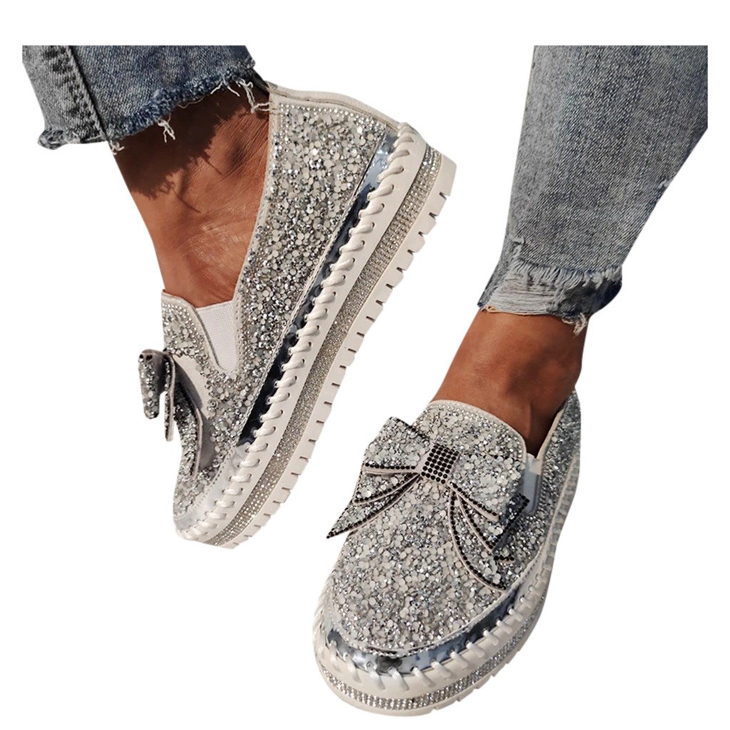 Women's Loafers Womens Casual Shoe Rhinestones BowknotThick-Soled Flats Slip-on Loafers Slippers winwinplus 