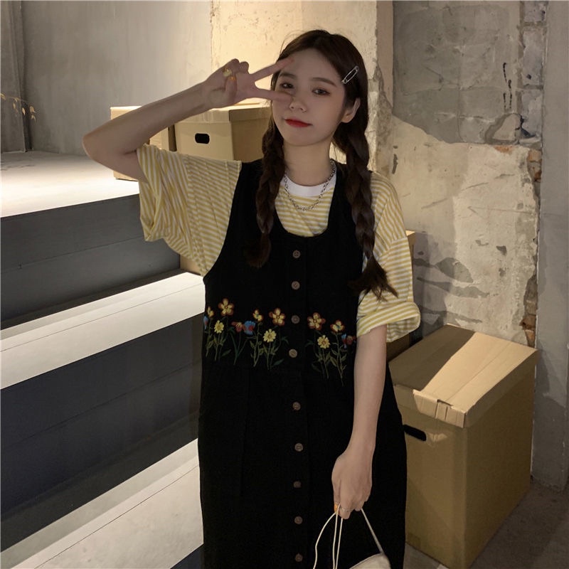 Yếm Jean Dáng Suông Dài Thêu Hoa Taobao Order Kèm ẢNH THẬT