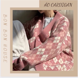 Khoác Len Cardigan Dệt Kim | Áo Cardigan len dệt kim hoạt tiết hình quả trám cổ V, Áo Thu đông Ulzzang