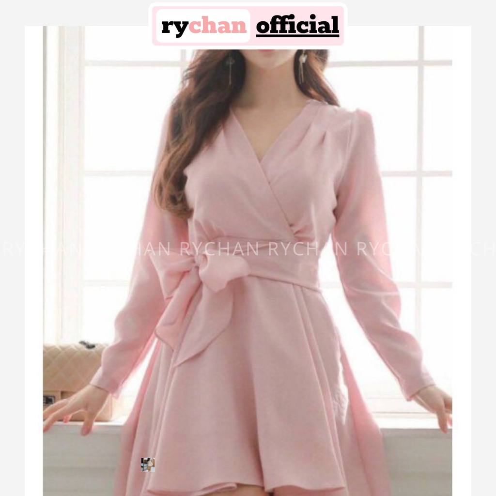 [ẢNH THẬT CUỐI] DX698 - Đầm Xòe Hồng Tay Dài Đắp Chéo Cột Eo