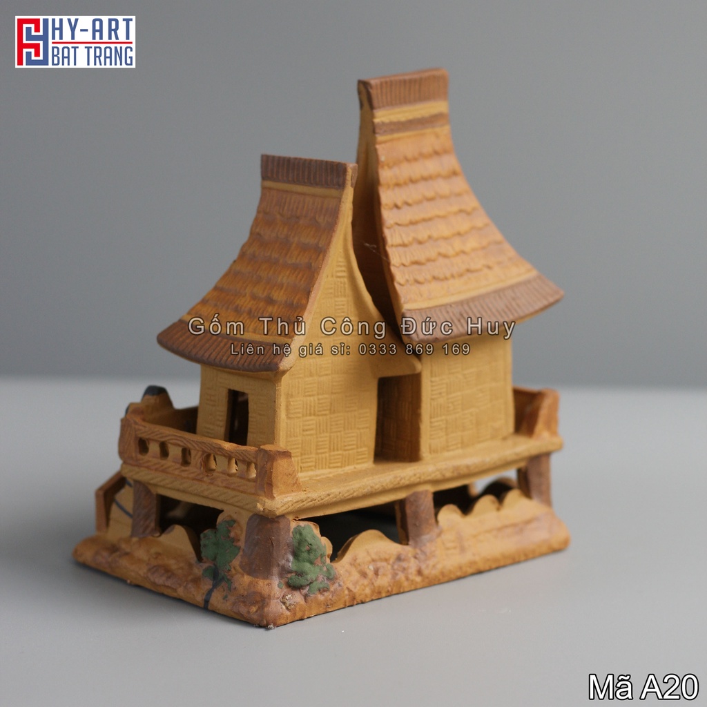 Tiểu cảnh hồ cá, bể cá cảnh, mô hình gốm nhà sàn 2 mái trang trí hòn non bộ chậu cây bonsai