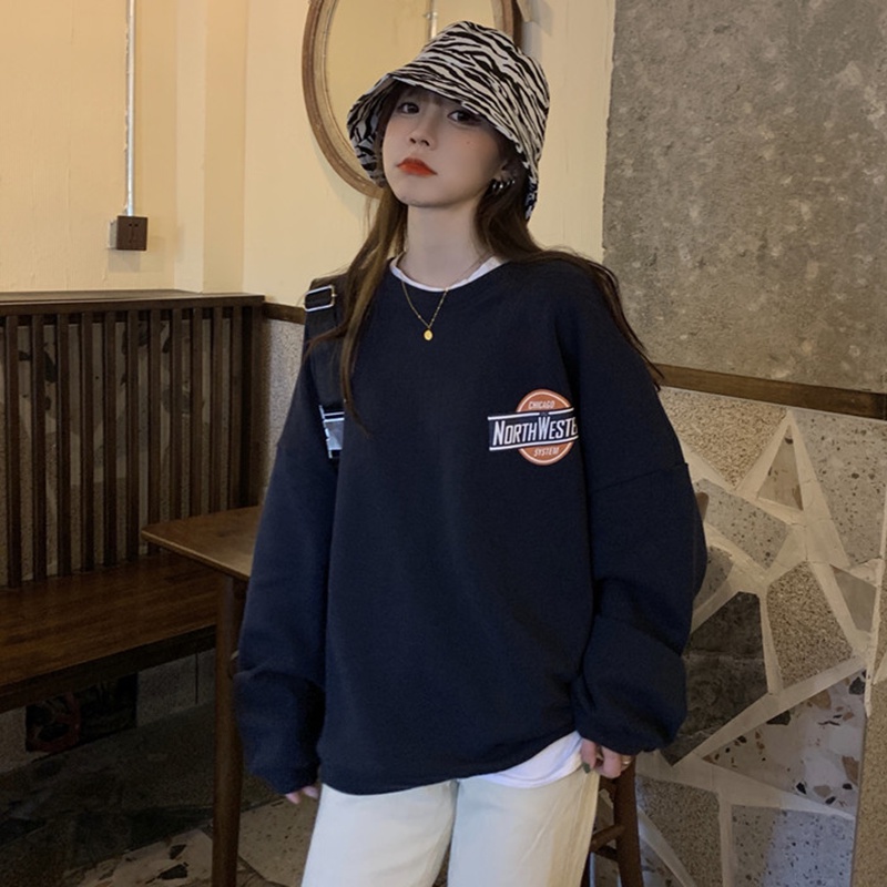 Áo Sweatshirt IELGY dài tay dáng rộng và mỏng dài trung bình in họa tiết chữ thời trang đường phố Hàn Quốc