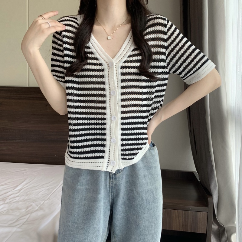 Áo thun ZHELIHANGFEI tay ngắn cổ chữ V họa tiết kẻ sọc thời trang cho nữ