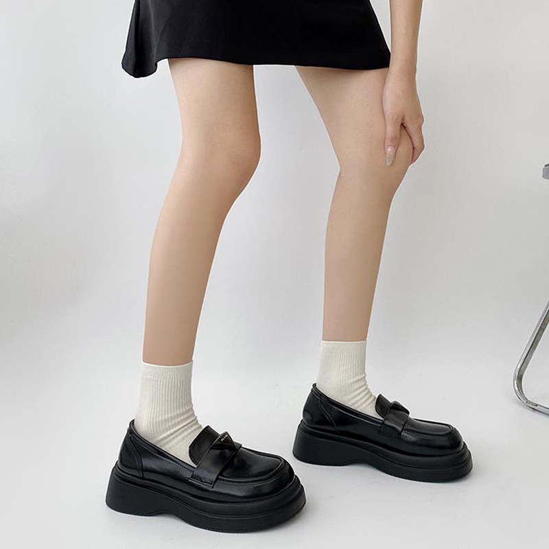 Giày Lười Da Đế Dày Màu Đen Phong Cách Anh Quốc Cổ Điển Thời Trang Cho Nữ Size 35-40