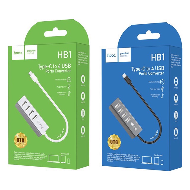 Bộ chia cổng USB Hoco HB1 Type C ra 4 cổng USB 2.0 hàng chính hãng