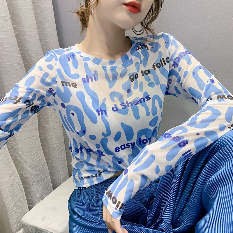 Áo Thun Tay Dài Phối Lưới Mỏng In Chữ Phong Cách Châu Âu Mẫu Mới Thời Trang Mùa Thu Cho Nữ