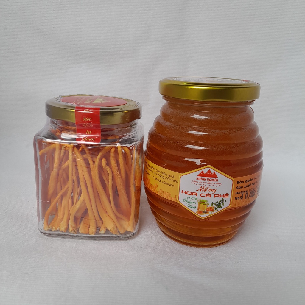 Đông Trùng Hạ Thảo Khô Sấy Thăng Hoa Huỳnh Nguyên loại Cao Cấp hộp 10g và Mật Ong Hoa Cà Phê Nguyên Chất Hủ 350ml