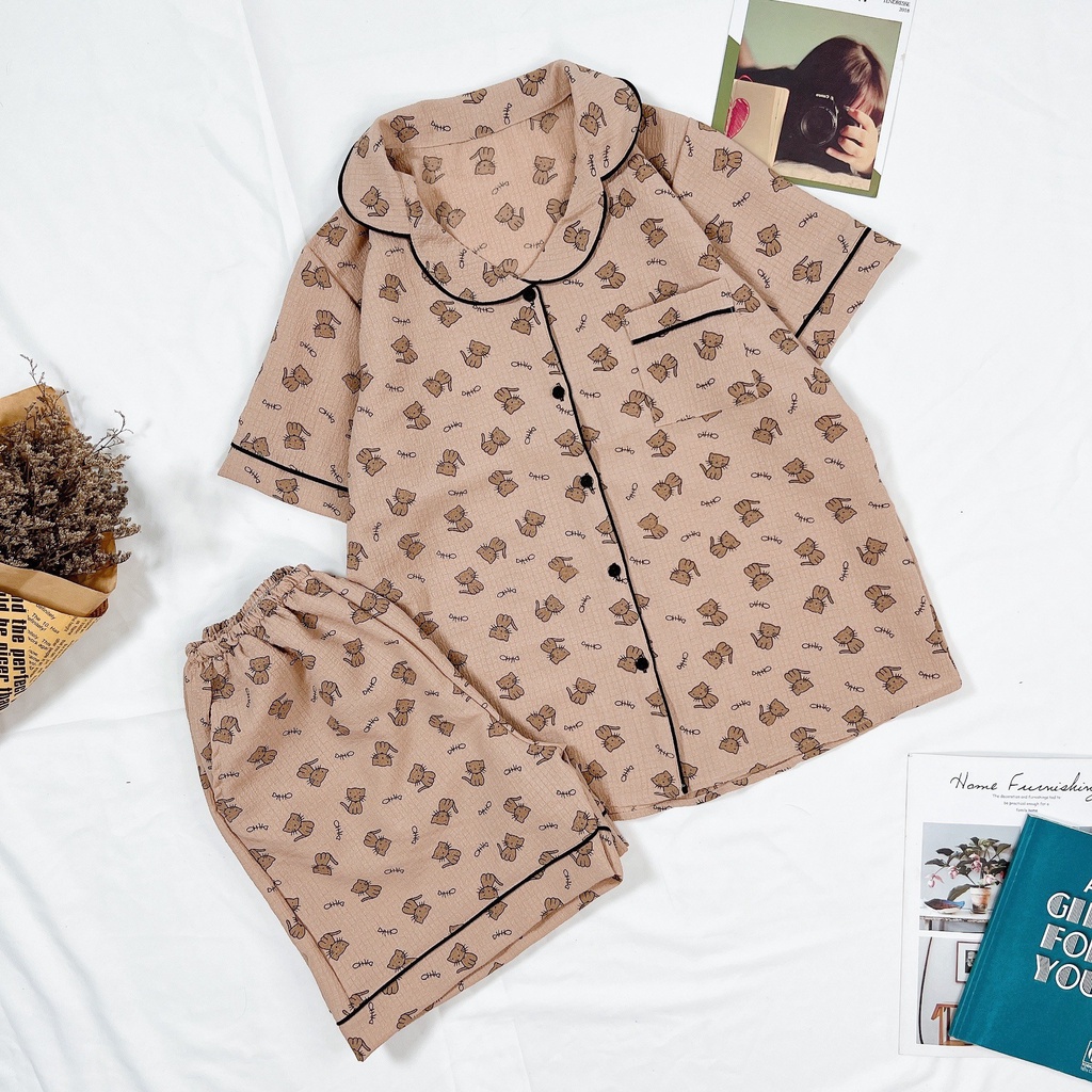 Bộ ngủ pijama mặc nhà cộc tay họa tiết trái cây dễ thương chất đũi xốp thoáng mát thấm hút mồ hôi - P01