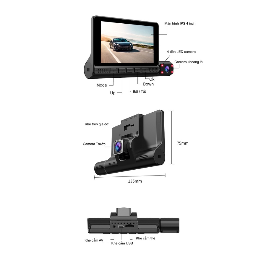 Camera hành trình ô tô A3 PLUS 1080P Cảm ứng mượt mà, dễ sử dụng, hỗ trợ tiếng Việt cho xe ô tô 12v-20v - gomhang.vn