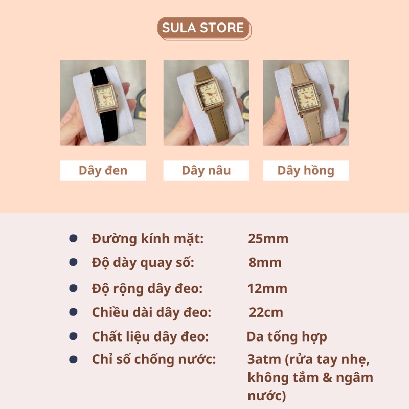 Đồng hồ nữ mặt nhỏ chữ nhật 26mm dây da đẹp xinh vintage - SULAKOU